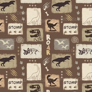 Könnte beinhalten: Ein brauner Hintergrund mit einem sich wiederholenden Muster aus Dinosauriern, Knochen, Fußabdrücken und Sternen. Der Text "ROAR" und "STOMP" wird im gesamten Muster wiederholt.