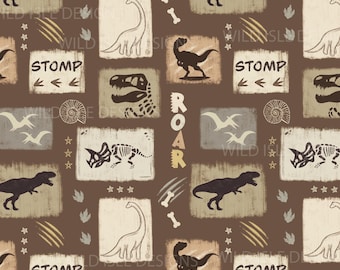 May include: A brown background with a repeating pattern of dinosaurs, bones, footprints, and stars. The text "ROAR" and "STOMP" are repeated throughout the pattern.