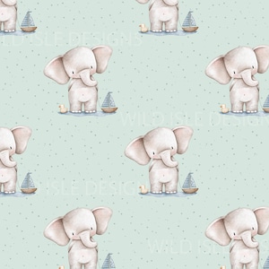 May include: A repeating pattern featuring watercolor illustrations of baby elephants, sailboats, and rubber duckies on a light blue background with small white dots. The elephants are gray with large ears and trunks. The sailboats are blue and white.