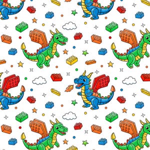 May include: Seamless pattern featuring cartoon dragons in blue and green with orange wings, interspersed with colorful toy building blocks, stars, clouds, and dots on a white background. The dragons are in various poses, some breathing fire.