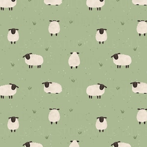 Puede incluir: Un patrón repetitivo sobre un fondo verde salvia que presenta ilustraciones de ovejas blancas y esponjosas con caras y patas negras, intercaladas con pequeños mechones de hierba verde y diminutas motas blancas en todo el diseño.