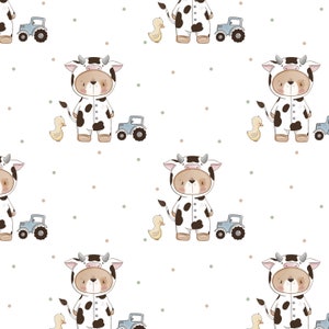 May include: A seamless pattern featuring a cute cartoon bear wearing a cow costume, a toy tractor, and a yellow duckling. The background is white with small brown and green dots.