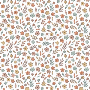 Könnte beinhalten: Ein nahtloses Muster mit verschiedenen kleinen, handgezeichneten Blumen in den Farben Pfirsich, Gelb, Blau und Grün. Die Blumen sind zufällig auf einem weißen Hintergrund verteilt und erzeugen ein zartes und verspieltes Design.