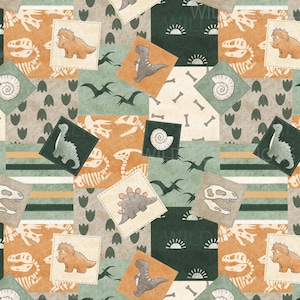 Op de afbeelding: Een naadloos patroon met een patchwork-ontwerp met verschillende dinosaurus-illustraties. Het patroon bevat dinosaurussen, dinosaurus-skeletten, fossielen en voetafdrukken in tinten bruin, oranje, groen en grijs.