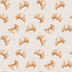 Puede incluir: Un patrón sin costuras que presenta un diseño repetitivo de croissants de dibujos animados marrones con caras felices sobre un fondo beige claro con lunares marrones.