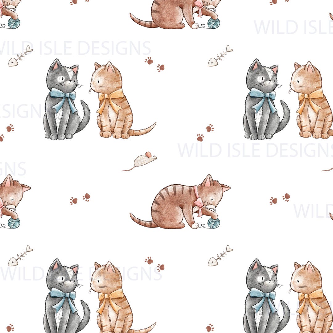Hand Drawn Cute Cat and Kitten Seamless Pattern File Bow Design, Animal ...