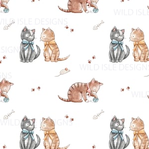 May include: Watercolor pattern featuring playful cats in shades of gray, brown, and tan, adorned with bows. The design includes paw prints, fish bones, and a small mouse on a white background. The words "WILD ISLE DESIGNS" are visible.