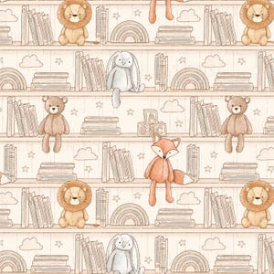 Könnte beinhalten: Nahtloses Muster mit einem Bücherregal-Design mit Stofftieren, Büchern, Regenbogen, Wolken und Sternen. Die Stofftiere umfassen einen Löwen, ein Kaninchen, einen Bären und einen Fuchs. Die Farbpalette ist weich und neutral, mit Beige-, Braun- und Pastelltönen.
