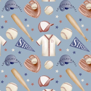 May include: A seamless pattern featuring baseball-themed illustrations on a light blue background. The pattern includes baseballs, bats, gloves, caps, a baseball jersey, and pennants with the word "STRIKE" on them. The text "LET'S PLAY BALL!" is repeated throughout the pattern.
