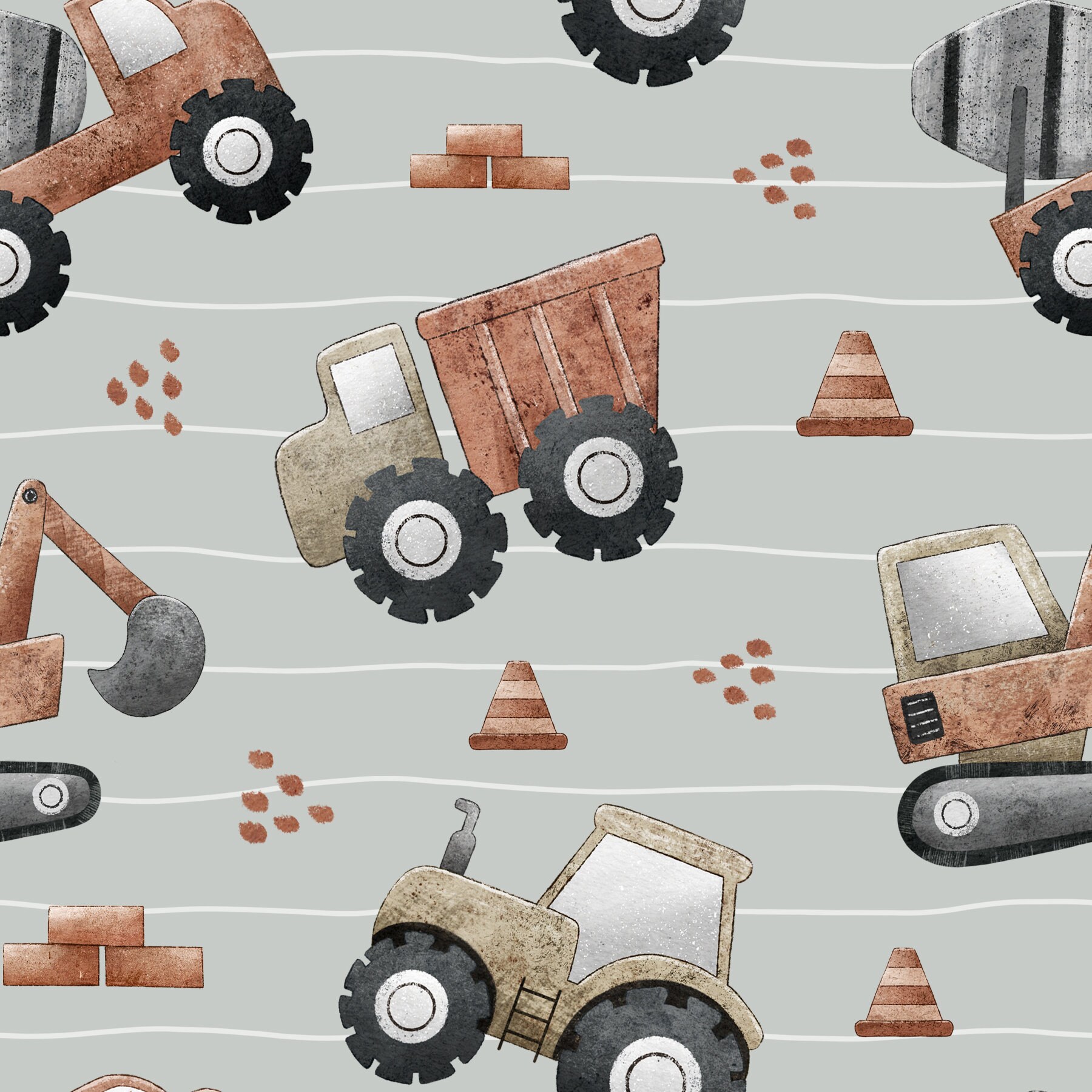 Construction Pattern Digital File, Tractor, Dump Truck, Digger Seamless ...