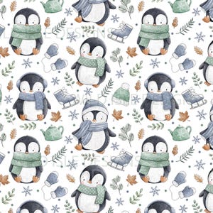 Penguin Winter Hygge seamless pattern, xmas digital file, christmas Fabric Design, unisex, Non-Exclusive, white Background