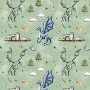 Drakriddare sömlöst mönster digital fil, fantasy tygdesign, magiska barns sömlösa mönster, icke-exklusivt, grön bakgrund