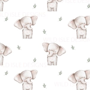 May include: A seamless pattern featuring watercolor illustrations of gray elephants and green leaves on a white background.