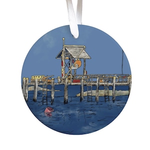 MAINE MONHEGAN Dock Circle Christmas Ornaments,Maine Xmas Souvenir,Monhegan Island Xmas Gift,Maine Art Xmas Ornament,Monhegan Dock Souvenir