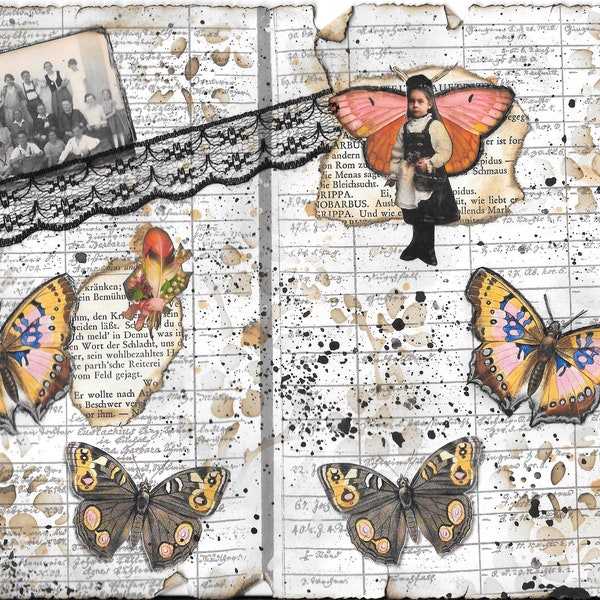 Package Digital Paper, altes Dokument, old document, Junkjournaling, Vintage Paper, Butterflies, paper doll, handmade, Hintergrundpapiere