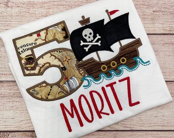 Pirate birthday shirt, Pirate ship motif embroidered T-shirt with name and number, Pirate party shirt, Boy birthday 1 2 3 4 5 6 7 8 9