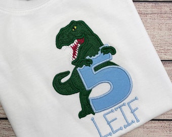 Dinosaurier Shirt Geburtstag personalisiert mit Namen und Zahl - Geburtstag Shirt Dino T-Rex, besticktes Kinder Shirt, Geburtstagsgeschenk