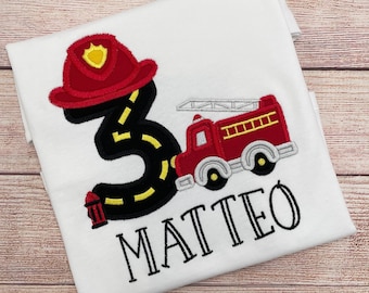 Fire Truck Shirt personalised with name and number - Birthday Shirt Firefighter, Embroidered kids shirt, Birthday Gift