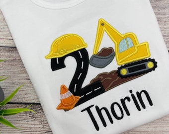 Excavator birthday shirt, Excavator motif embroidered T-shirt with name and number, Digger construction party shirt, Boy birthday 2 3 4 5 6