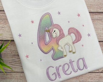 Chemise d'anniversaire licorne pour filles, chemise licorne brodée, chemise avec nom, chemise avec numéro, chemise d'anniversaire pour filles 1 2 3 4 5 6 7 8 9