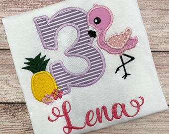 Flamingo Geburtstag Shirt für Mädchen, besticktes Flamingo Shirt, Tropisches Geburtstag Shirt, Geburtstag Shirt Mädchen 1 2 3 4 5 6 7 8 9