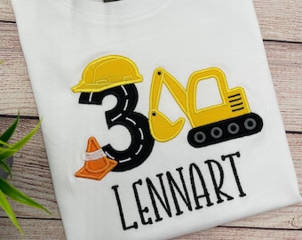 Excavator birthday shirt, Excavator motif embroidered T-shirt with name and number, Digger construction party shirt, Boy birthday 2 3 4 5 6