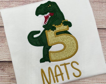 Dinosaurier Shirt Geburtstag personalisiert mit Name und Zahl - Geburtstags Shirt Dino T-Rex, Besticktes Kinder Shirt, Geburtstagsgeschenk