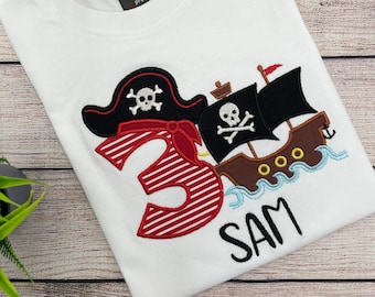 Pirate birthday shirt, Pirate ship motif embroidered T-shirt with name and number, Pirate party shirt, Boy birthday 1 2 3 4 5 6 7 8 9