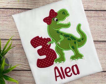 Dinosaurier Shirt Geburtstag personalisiert mit Name und Zahl - Geburtstags Shirt Dino T-Rex, Besticktes Kinder Shirt, Geburtstagsgeschenk Mädchen