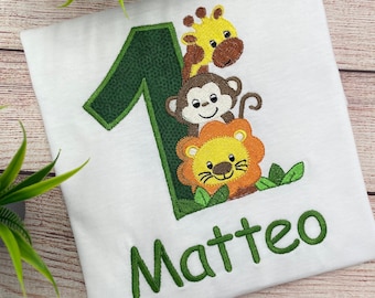 Personalisiertes Safari-Geburtstags-Shirt für Kinder, gesticktes Safari-Geburtstags-Shirt, 1 2 3 Geburtstags-Shirt, Shirt mit Giraffen-Affe-Löwen