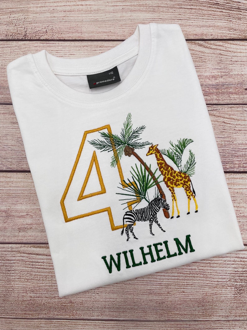 Personalised safari birthday shirt for kids, Embroidered safari birthday shirt, 1 2 3 birthday shirt, Shirt with Giraffe and Zebra image 7