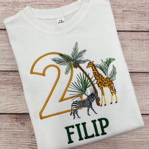 Personalised safari birthday shirt for kids, Embroidered safari birthday shirt, 1 2 3 birthday shirt, Shirt with Giraffe and Zebra image 4