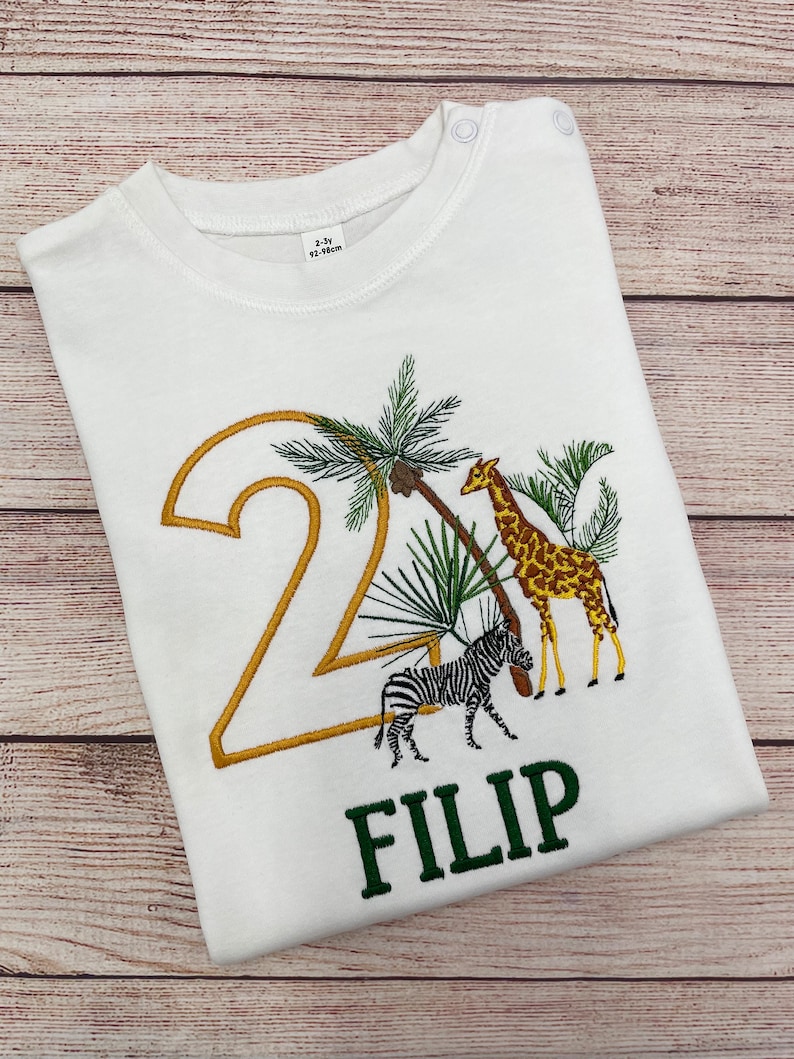 Personalised safari birthday shirt for kids, Embroidered safari birthday shirt, 1 2 3 birthday shirt, Shirt with Giraffe and Zebra image 4