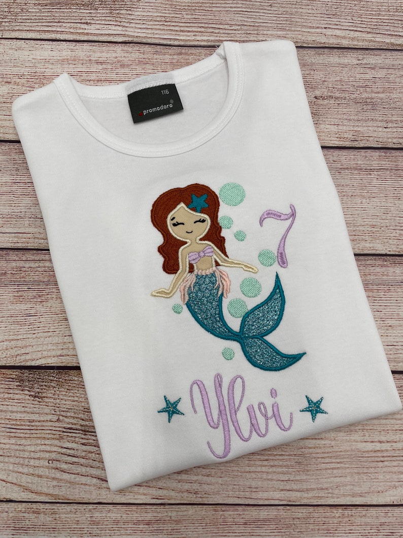 Mermaid birthday shirt for girls, Embroidered mermaid shirt, Shirt with name, Shirt with number, Birthday shirt girls 1 2 3 4 5 6 7 8 9 image 8