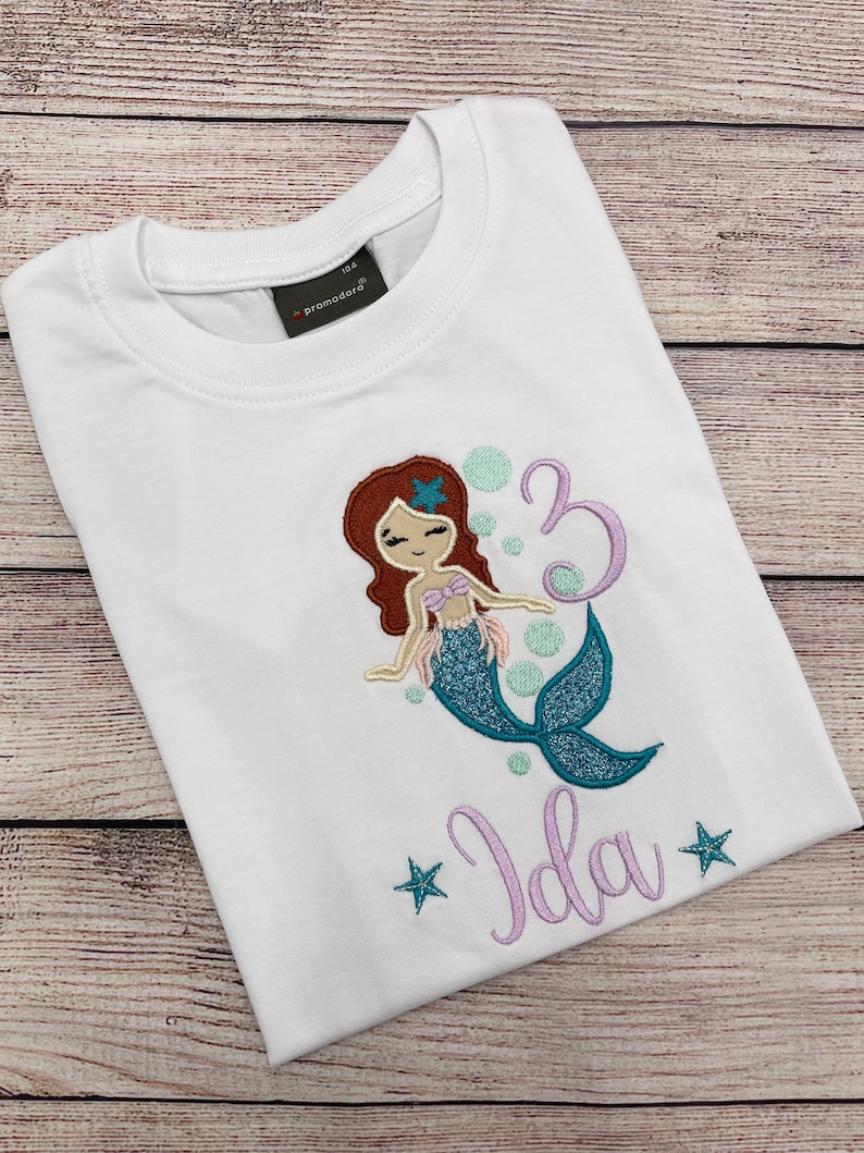 Mermaid birthday shirt for girls, Embroidered mermaid shirt, Shirt with name, Shirt with number, Birthday shirt girls 1 2 3 4 5 6 7 8 9 image 5