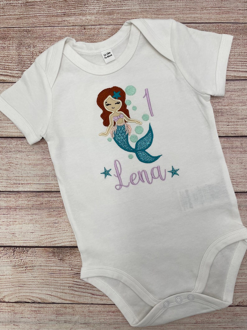 Mermaid birthday shirt for girls, Embroidered mermaid shirt, Shirt with name, Shirt with number, Birthday shirt girls 1 2 3 4 5 6 7 8 9 image 2