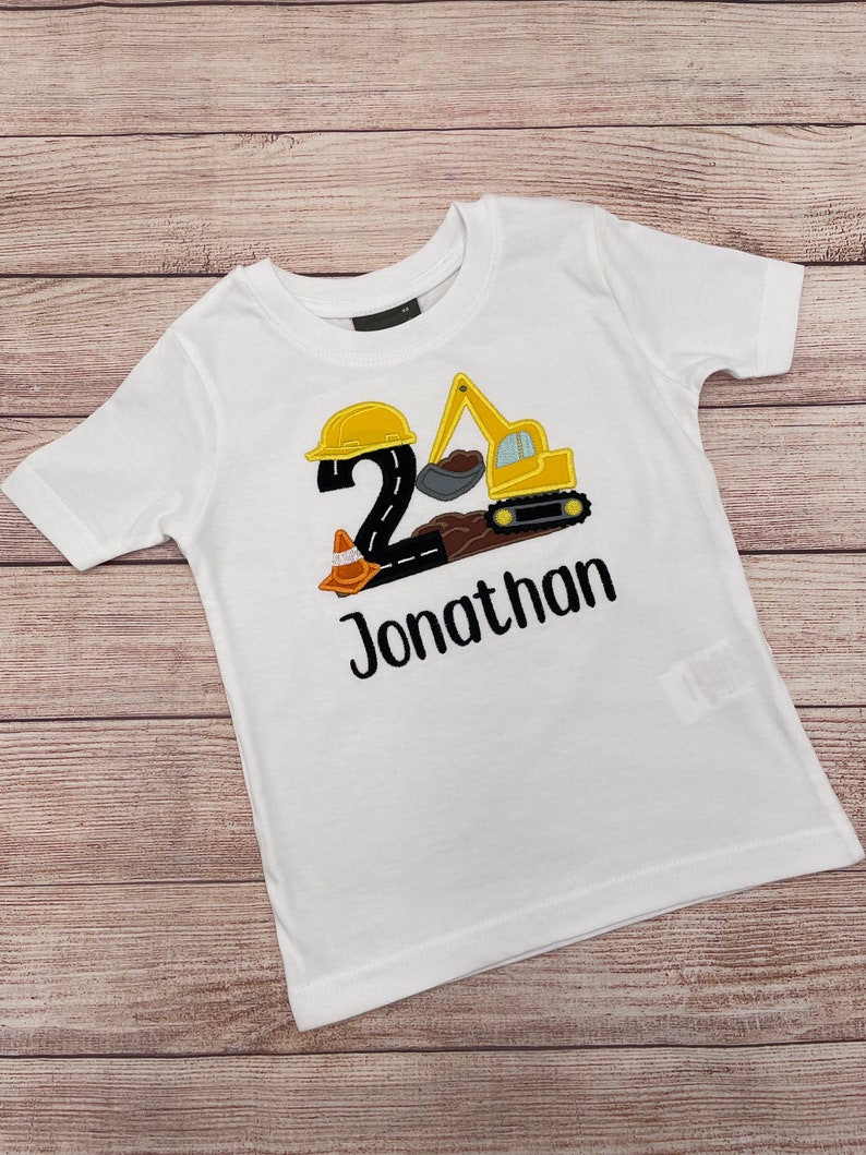 Excavator birthday shirt, Excavator motif embroidered T-shirt with name and number, Digger construction party shirt, Boy birthday 2 3 4 5 6 image 5