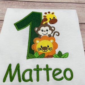 Personalised safari birthday shirt for kids, Embroidered safari birthday shirt, 1 2 3 birthday shirt, Shirt with Giraffe Monkey Lion image 4