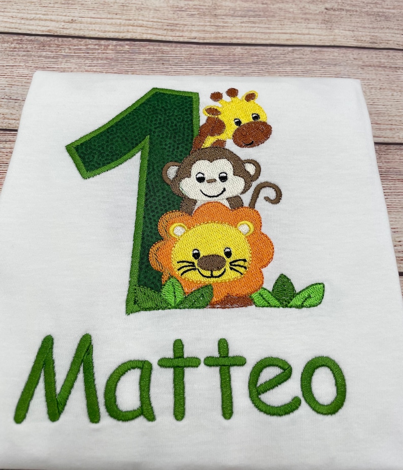 Personalised safari birthday shirt for kids, Embroidered safari birthday shirt, 1 2 3 birthday shirt, Shirt with Giraffe Monkey Lion image 4