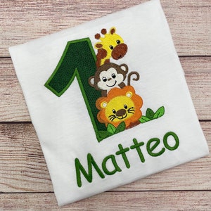 Personalised safari birthday shirt for kids, Embroidered safari birthday shirt, 1 2 3 birthday shirt, Shirt with Giraffe Monkey Lion image 3