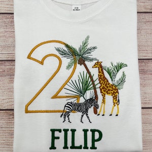 Personalised safari birthday shirt for kids, Embroidered safari birthday shirt, 1 2 3 birthday shirt, Shirt with Giraffe and Zebra image 5