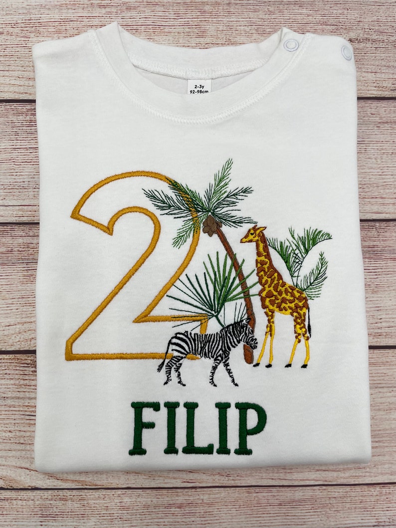 Personalised safari birthday shirt for kids, Embroidered safari birthday shirt, 1 2 3 birthday shirt, Shirt with Giraffe and Zebra image 5