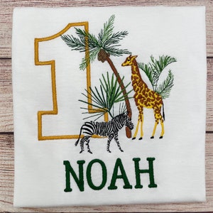 Personalised safari birthday shirt for kids, Embroidered safari birthday shirt, 1 2 3 birthday shirt, Shirt with Giraffe and Zebra image 2