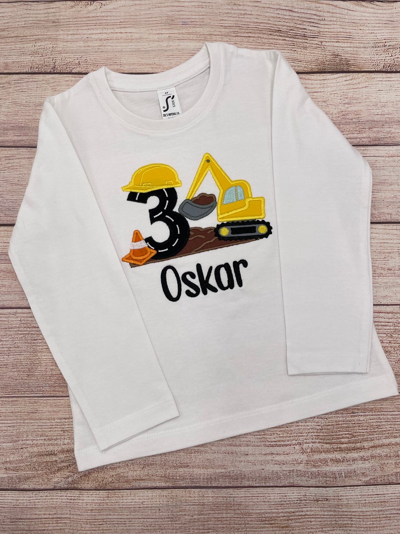 Excavator birthday shirt, Excavator motif embroidered T-shirt with name and number, Digger construction party shirt, Boy birthday 2 3 4 5 6 image 6