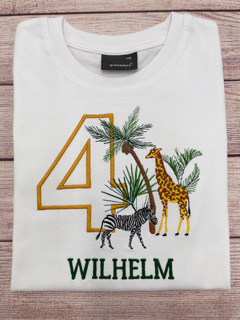 Personalised safari birthday shirt for kids, Embroidered safari birthday shirt, 1 2 3 birthday shirt, Shirt with Giraffe and Zebra image 8