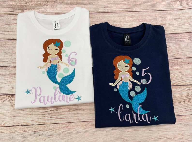 Mermaid birthday shirt for girls, Embroidered mermaid shirt, Shirt with name, Shirt with number, Birthday shirt girls 1 2 3 4 5 6 7 8 9 image 7