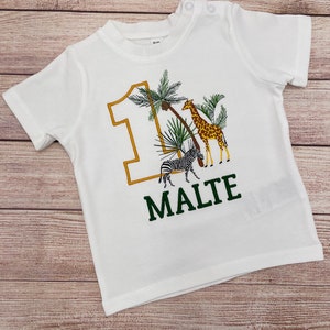 Personalised safari birthday shirt for kids, Embroidered safari birthday shirt, 1 2 3 birthday shirt, Shirt with Giraffe and Zebra image 3