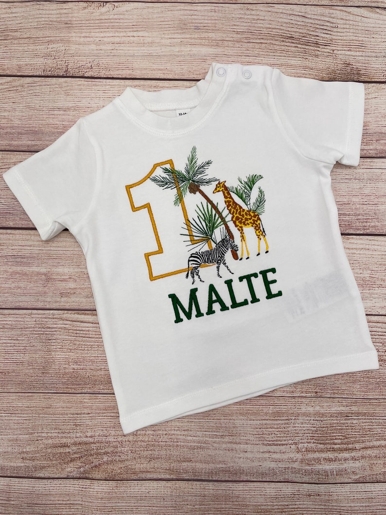 Personalised safari birthday shirt for kids, Embroidered safari birthday shirt, 1 2 3 birthday shirt, Shirt with Giraffe and Zebra image 3