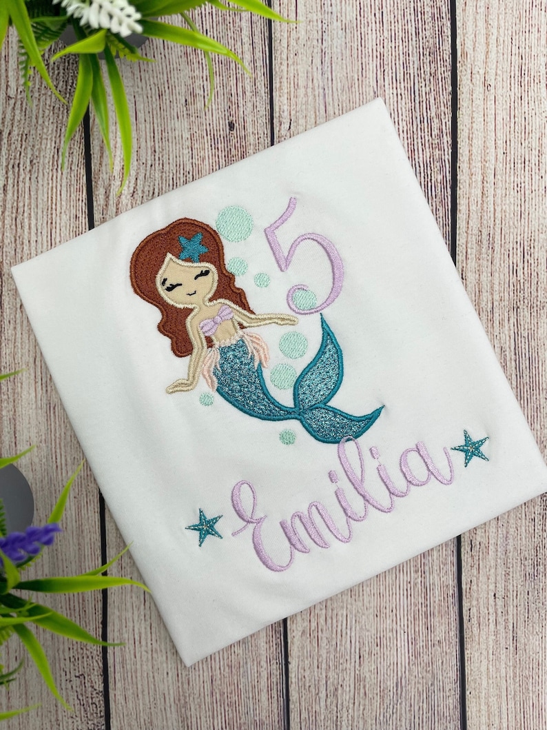 Mermaid birthday shirt for girls, Embroidered mermaid shirt, Shirt with name, Shirt with number, Birthday shirt girls 1 2 3 4 5 6 7 8 9 image 1
