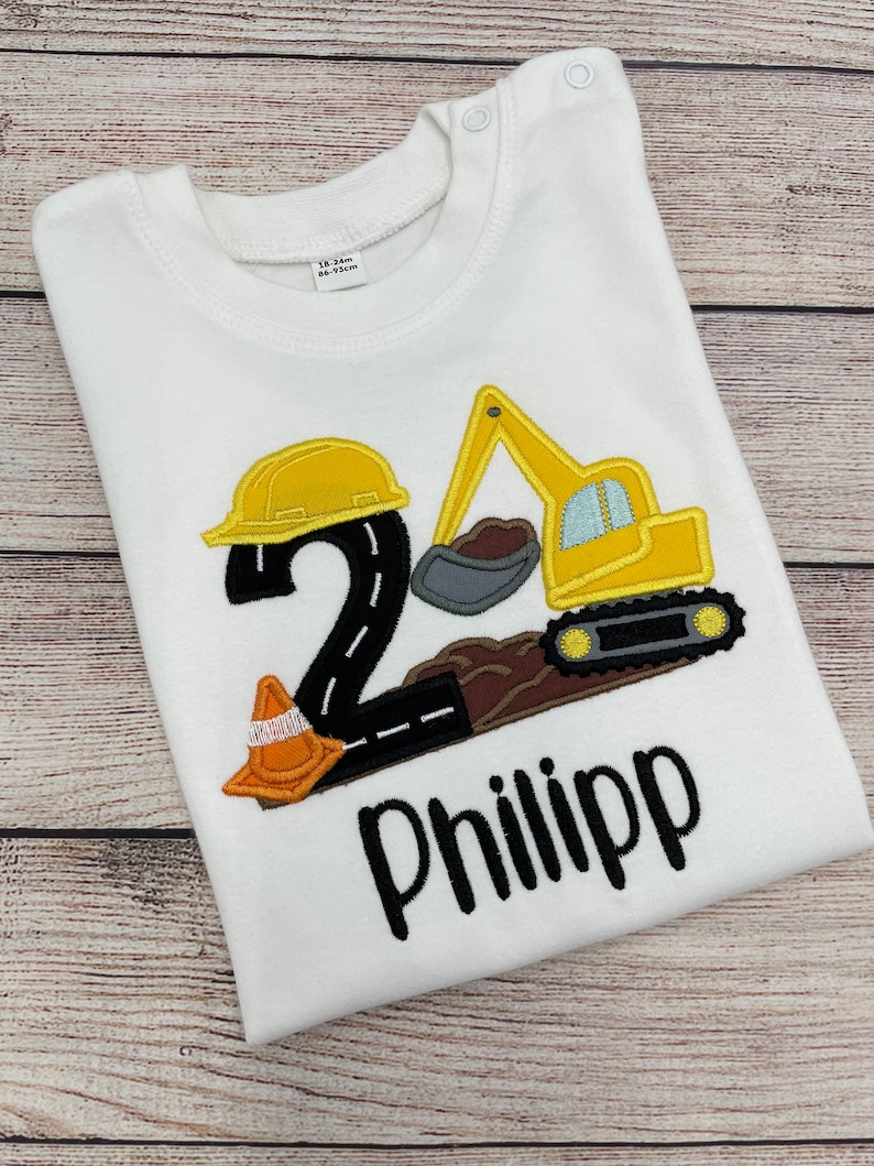 Excavator birthday shirt, Excavator motif embroidered T-shirt with name and number, Digger construction party shirt, Boy birthday 2 3 4 5 6 image 4